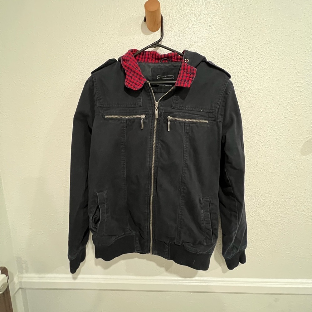 Twentyone men Black Utility Jacket, Red Plaid Lining